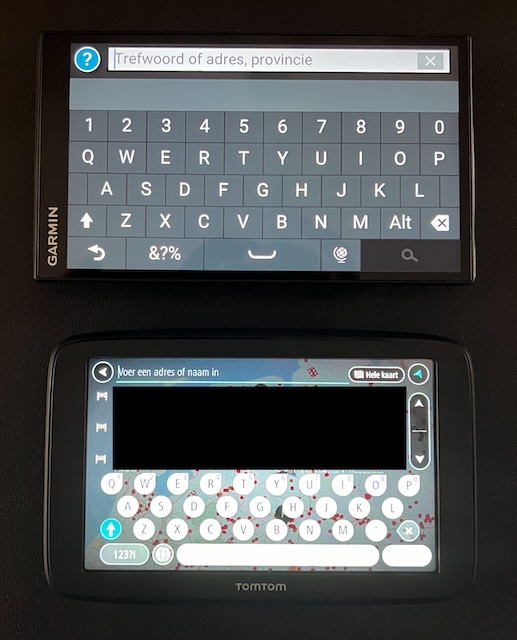 Virtual keyboards of the Garmin Drivesmart (top) and Tomtom GO Classic (bottom)